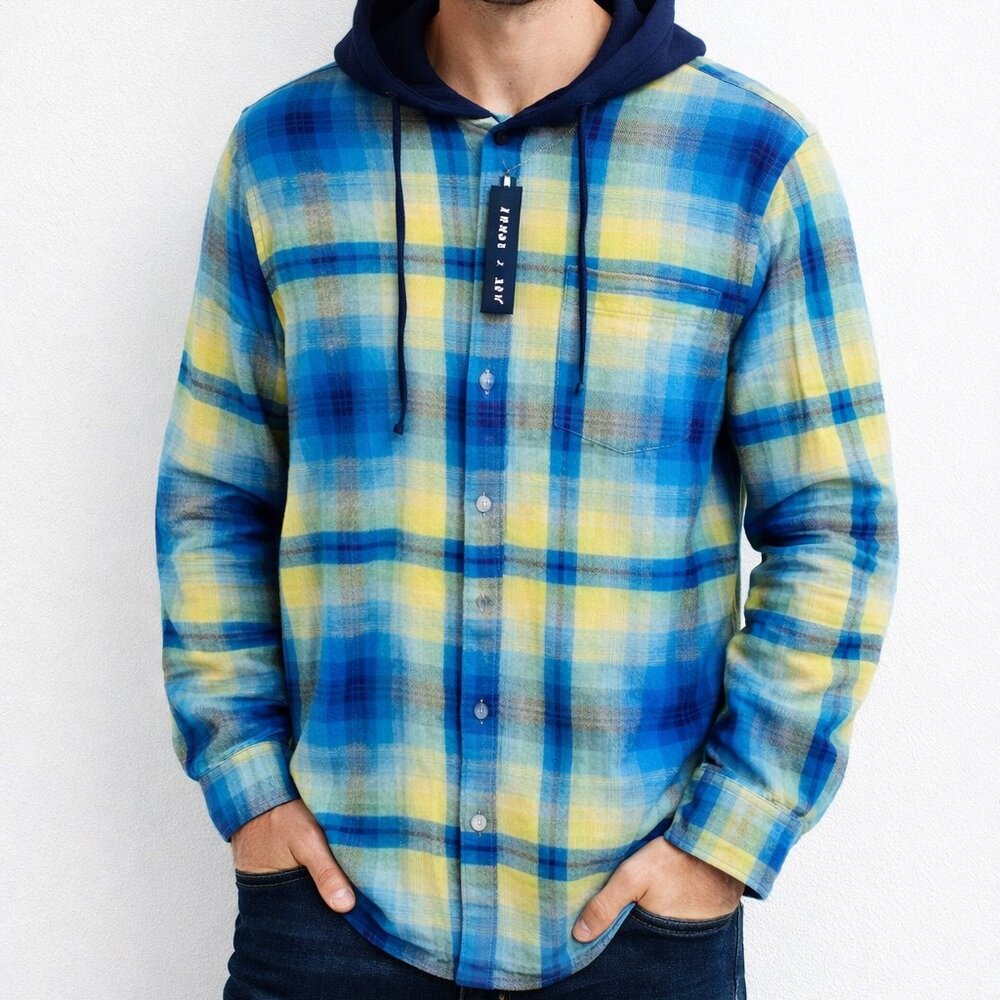 Edgar + Ash Plaid Cotton Long  Sleeve Button Up Hoodie SM NWT